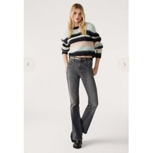ba&sh Striped Alpaca Blend Fuzzy Knit Cropped Sweater Soft Girl Blue Black L